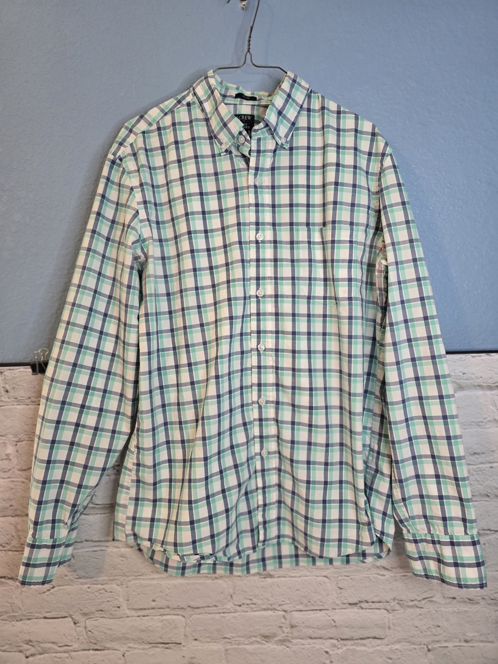 J. Crew Men's Plaid Button-Down Shirt - White, Green, Blue Sz L